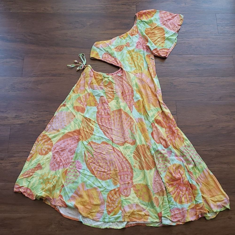 Farm Rio Seashell Maxi Dress M Green Orange Marine Beach Boho Summer Coastal - Picture 2 of 7